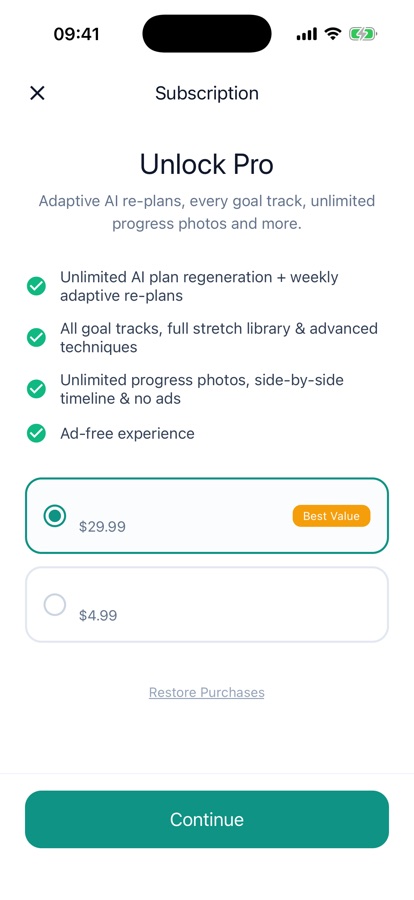 Flexibility Trainer screen showing two private progress photos compared side by side