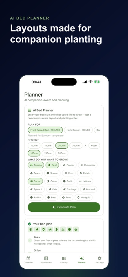 AI Bed Planner screen with bed size options, a crop picker and a generated bed plan