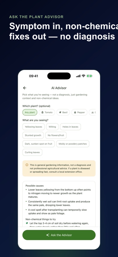 AI Advisor screen with a symptom picker and a note that the answer is general gardening information, not a diagnosis