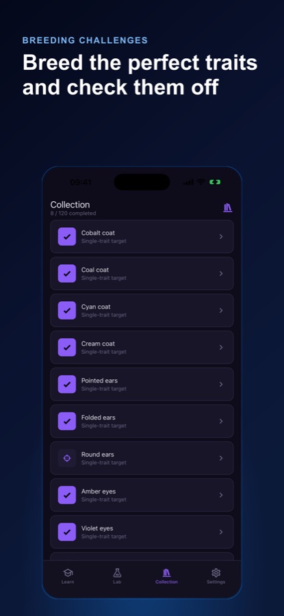 Genetics Lab Collection screen showing 8 of 120 completed breeding challenges, including cobalt coat, coal coat, cyan coat, cream coat, pointed ears, folded ears, round ears, amber eyes and violet eyes, each with a checkmark or a target icon