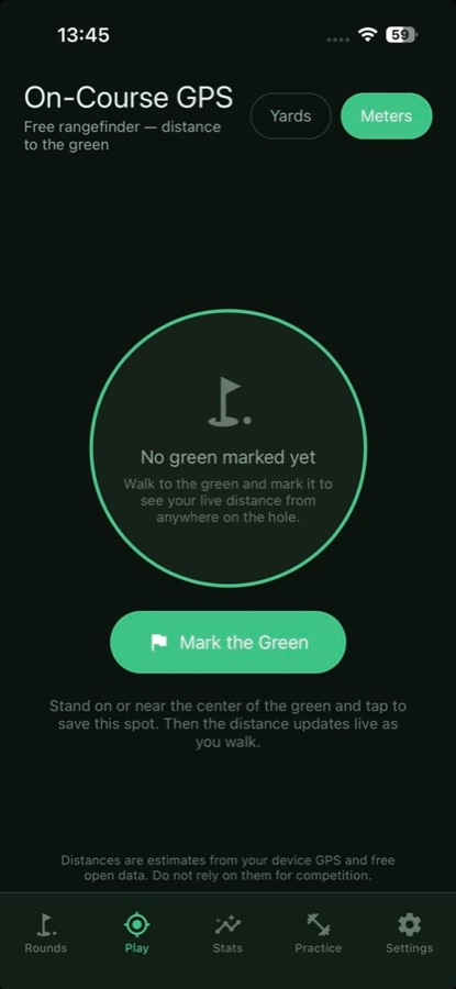 球场 GPS 界面,带有码和米的切换按钮,以及“标记果岭”按钮