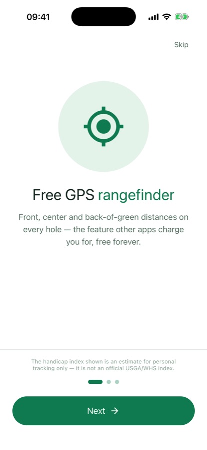 标题为“免费 GPS 测距仪”的引导页,并注明差点指数仅为个人追踪用的估算值,不是官方 USGA 或 WHS 差点指数