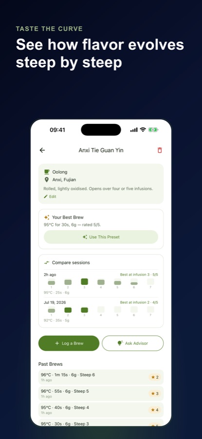 Teedetails für Anxi Tie Guan Yin mit deinem besten Aufguss, einer Schaltfläche „Dieses Preset verwenden“ und dem Vergleich von Sitzungen