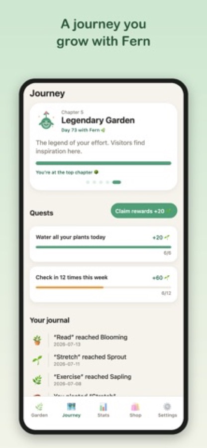 Journey-Bildschirm mit einer Kapitelkarte, Quests mit Belohnungen und einem Journal über Pflanzen, die neue Wachstumsstufen erreichen