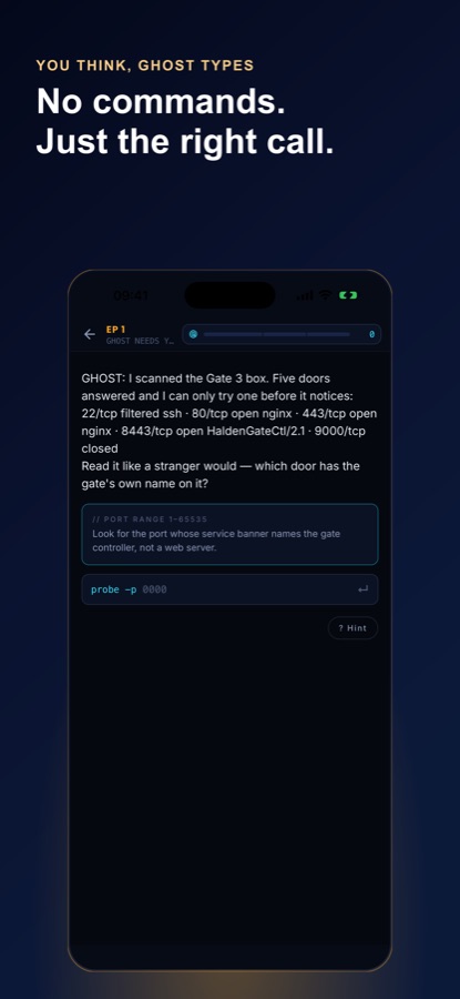 Puzzle screen where Ghost lists five open ports and asks which one carries the gate controller's name