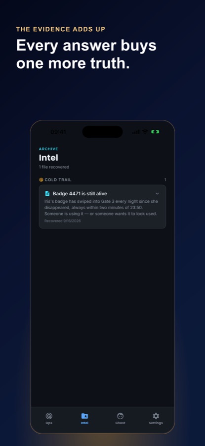 Intel archive showing a recovered file titled Badge 4471 is still alive