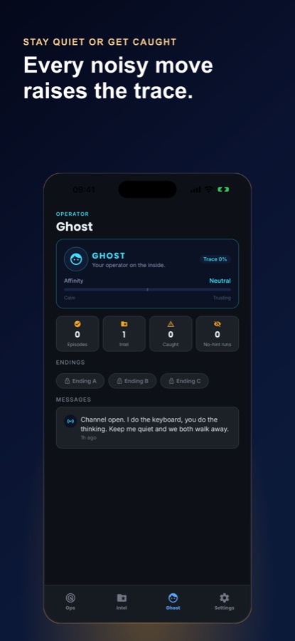Ghost operator profile with trust slider, episode and caught counters and three locked endings