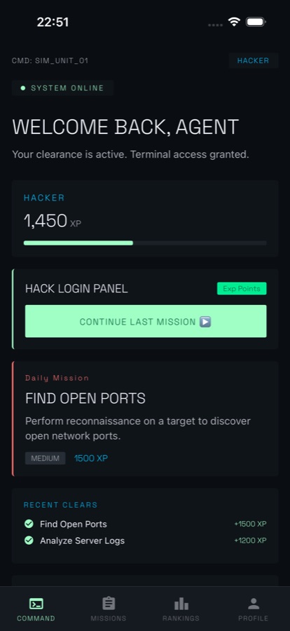 HackLab command dashboard headed Welcome Back, Agent, showing a system online badge, the Hacker rank with 1,450 XP and a progress bar, a continue last mission button, a daily mission called Find Open Ports worth 1500 XP, and a recent clears list