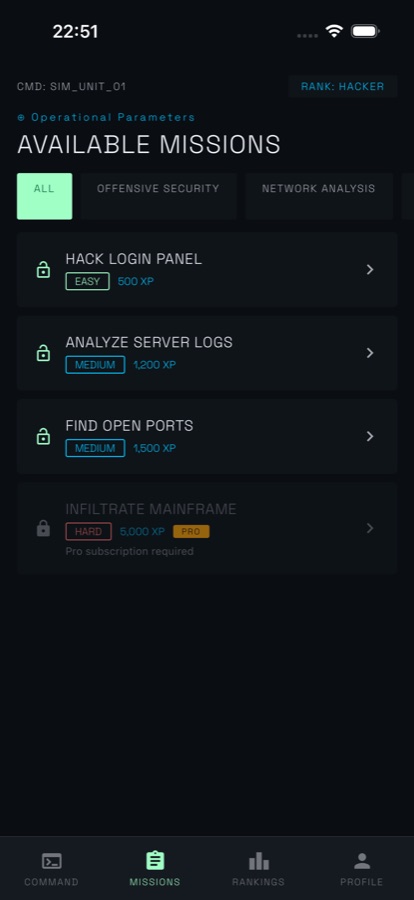 Available Missions screen with filter tabs for all, offensive security and network analysis, listing Hack Login Panel at easy for 500 XP, Analyze Server Logs and Find Open Ports at medium, and a locked hard mission Infiltrate Mainframe marked Pro