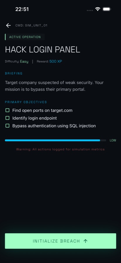 Mission detail screen for Hack Login Panel marked active operation, easy difficulty, 500 XP reward, with a briefing about bypassing a target company portal, three objectives covering open ports, the login endpoint and SQL injection, and an Initialize Breach button