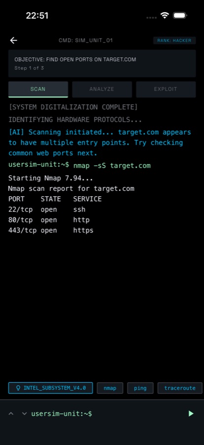Terminal screen with the objective find open ports on target.com at step 1 of 3, tabs for scan, analyze and exploit, an AI hint line, a typed nmap command and its output listing ports 22 ssh, 80 http and 443 https as open, plus suggested command chips