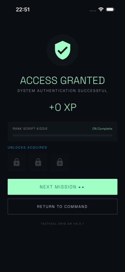 Mission complete screen reading Access Granted with a shield tick, an XP award, a rank progress bar showing Script Kiddie at 0 percent complete, three locked unlock slots, and buttons for next mission or return to command