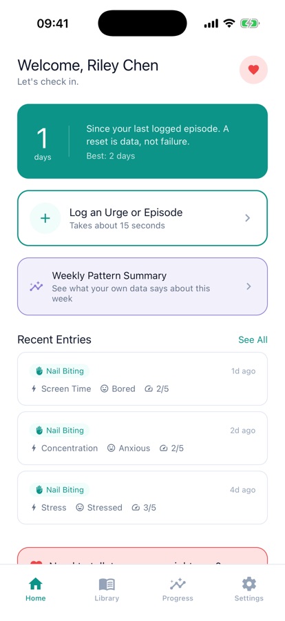 Hair Pulling Tracker home screen showing a days-since counter, a Log an Urge or Episode button, and recent entries