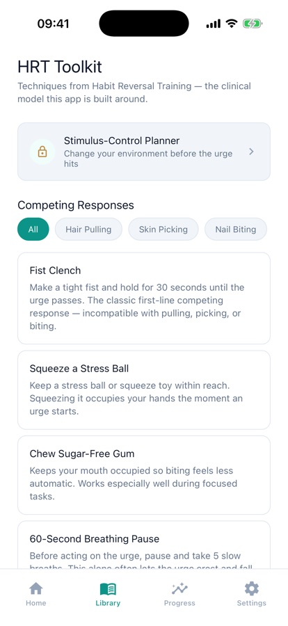 HRT Toolkit screen listing competing responses such as fist clench and stress ball