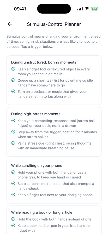 Stimulus-Control Planner screen listing trigger situations and concrete changes