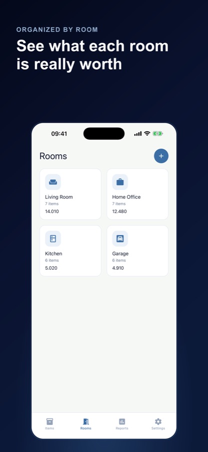 Rooms screen with living room, home office, kitchen and garage cards showing item counts and values