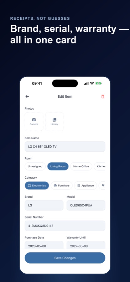 Edit Item form with photo buttons, room, category, brand, model, serial number and warranty fields