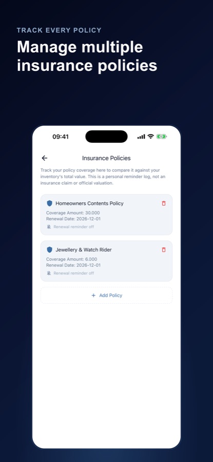 Insurance Policies screen with two saved policies showing coverage amount and renewal date