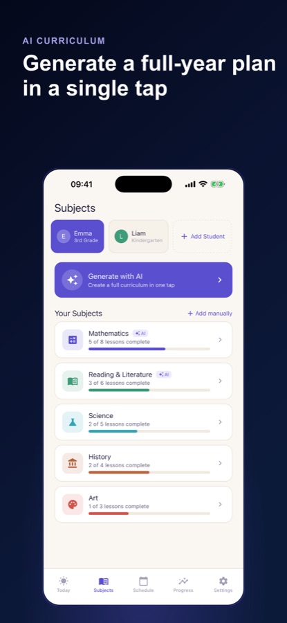 Écran Matières de Homeschool Planner avec un bouton Générer avec l’IA et une liste de matières accompagnées de barres de progression