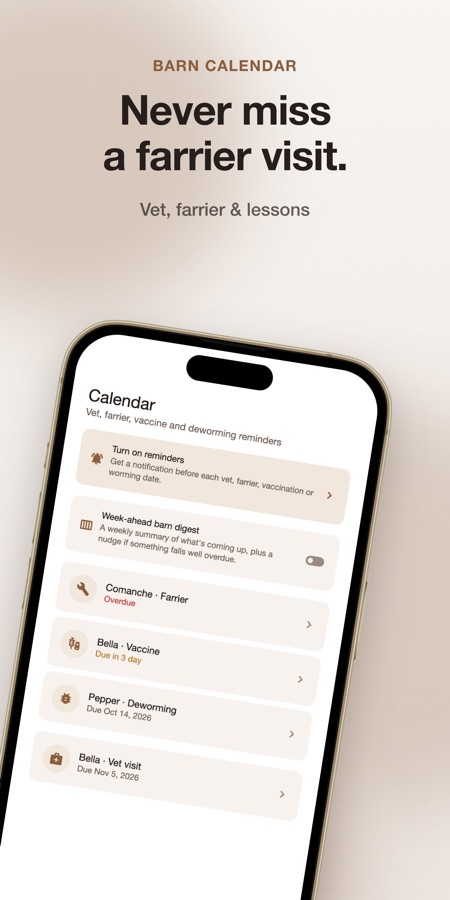 Kalender-Tab mit einer Aufforderung für Erinnerungen, einem Schalter für die wöchentliche Stallübersicht sowie überfälligen und anstehenden Terminen für Hufschmied, Impfungen, Entwurmung und Tierarzt für drei Pferde