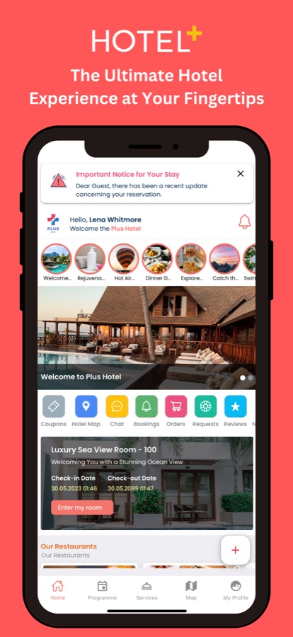Hotel+ home screen with a notice from the hotel, shortcut buttons and the guest's room card