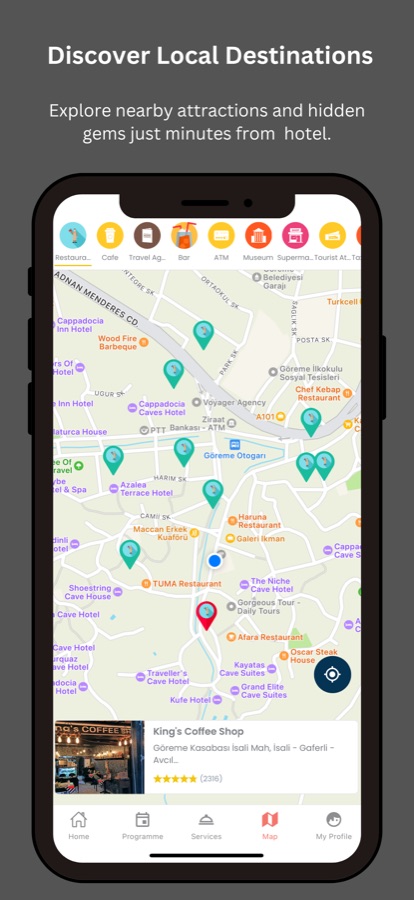 Hotel+ map screen with category chips and pins for nearby cafes and restaurants