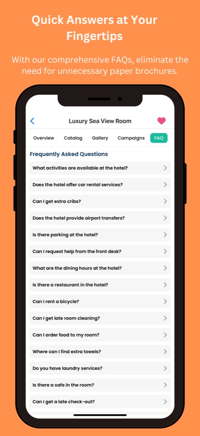 Hotel+ room page with the FAQ tab open and a list of common guest questions