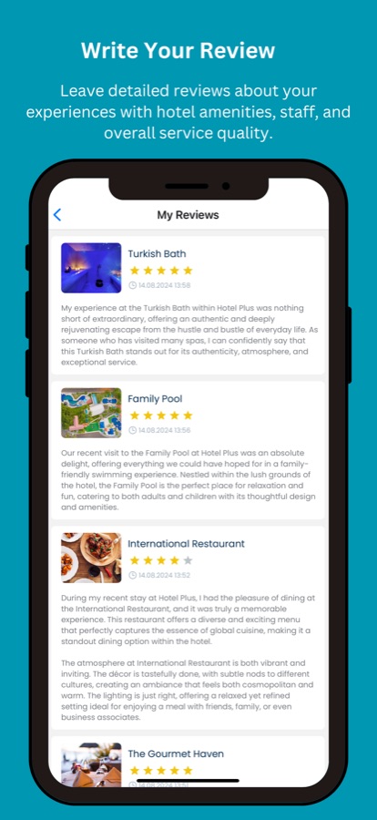 Hotel+ My Reviews screen listing star ratings and written reviews for hotel venues