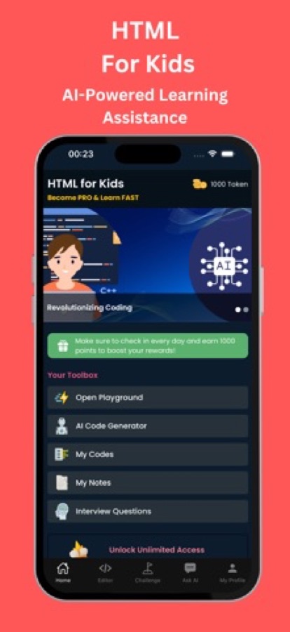 HTML for Kids home screen with a toolbox listing the playground, AI code generator, saved codes and notes