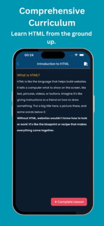 Introduction to HTML lesson explaining that HTML tells a computer what to show on the screen