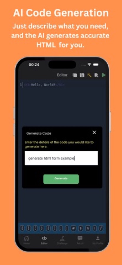 Code editor with a Generate Code window asking what code to generate