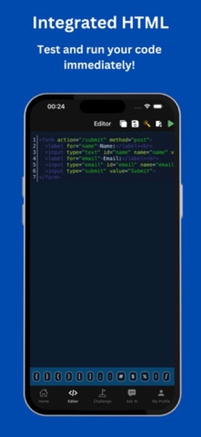 Code editor with an HTML form containing name and email inputs and a submit button