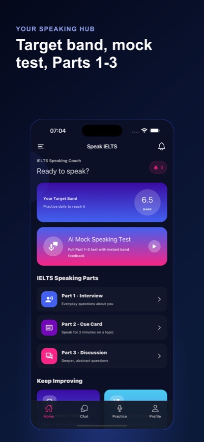 Speaking hub with target band 6.5, AI mock speaking test and Parts 1 to 3