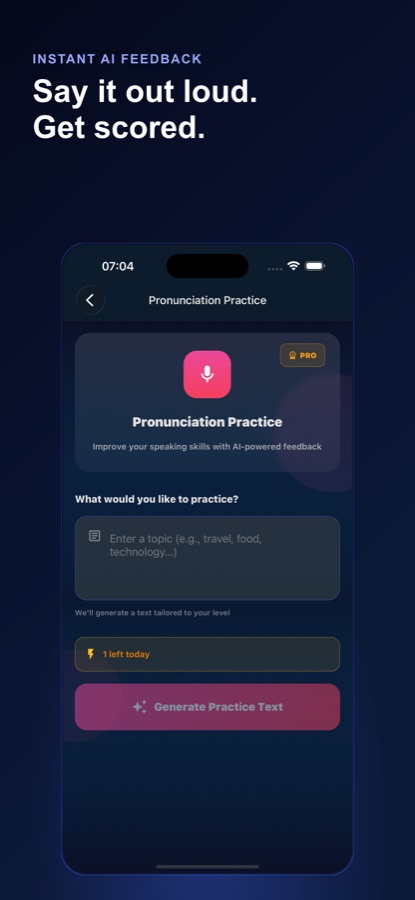 Pronunciation practice screen asking for a topic to generate a practice text
