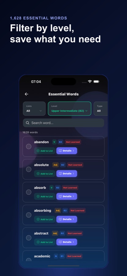 Essential words list of 1,628 words filtered by upper intermediate level