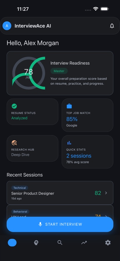 InterviewAce AI welcome screen introducing the app on first launch