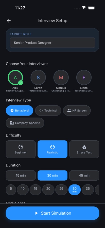 Interview setup screen with options for target role, interview format, difficulty, and session length