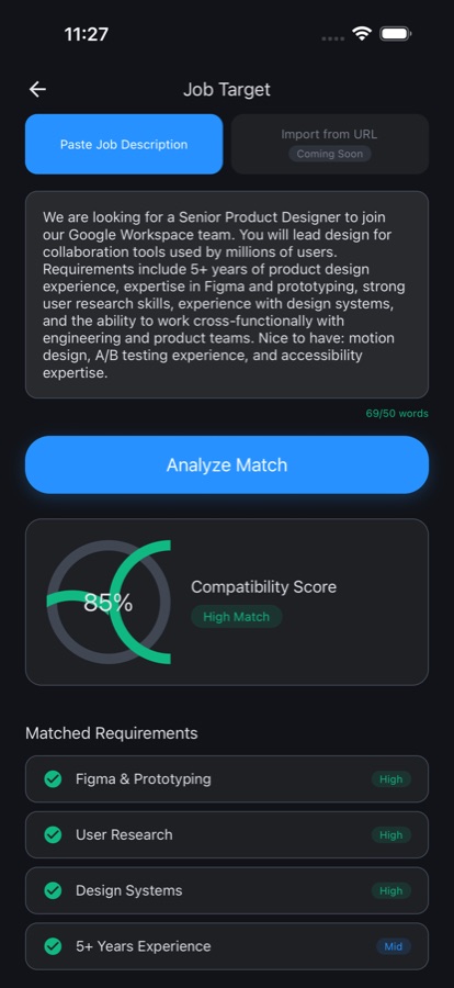 Job match screen showing a compatibility score against a pasted job description with matched and missing requirements