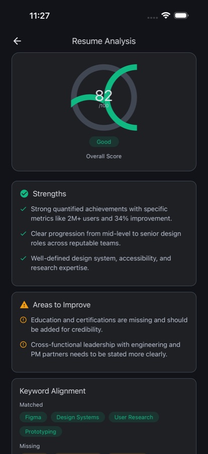 Resume analysis screen showing AI feedback on an uploaded or pasted resume