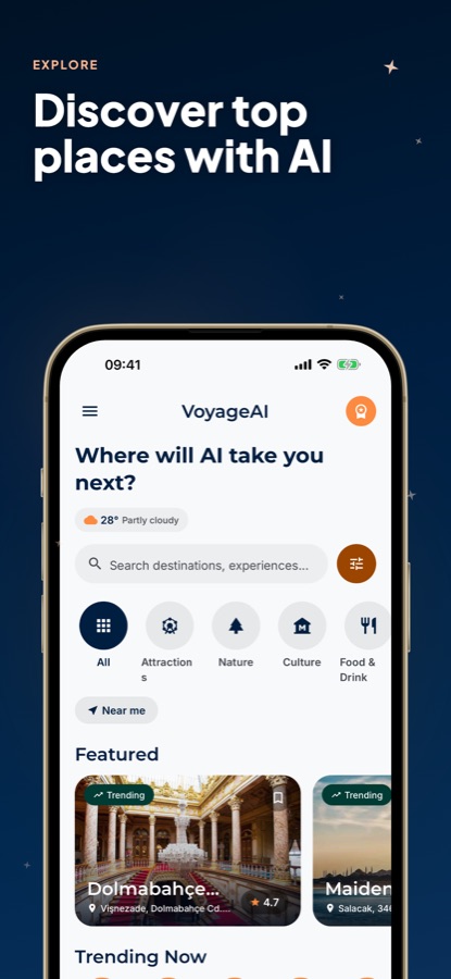 AI Travel Guide - Istanbul explore screen with search, category filters and featured places