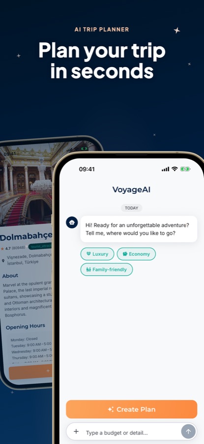 AI Travel Guide - Istanbul AI trip planner chat screen with budget style options