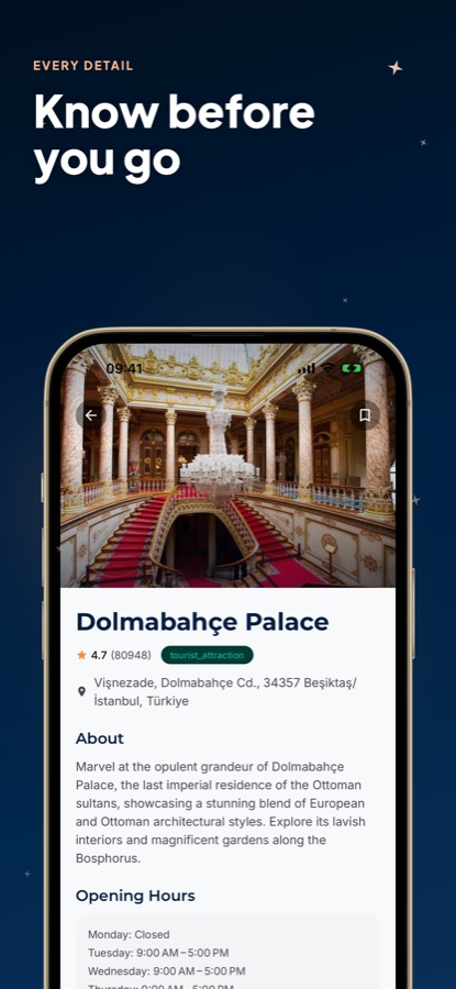 AI Travel Guide - Istanbul place detail screen for Dolmabahce Palace with rating, address and opening hours