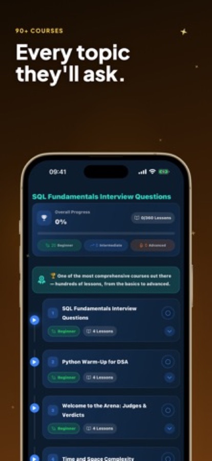 Course list starting with SQL Fundamentals Interview Questions and Python Warm-Up for DSA, with level tags
