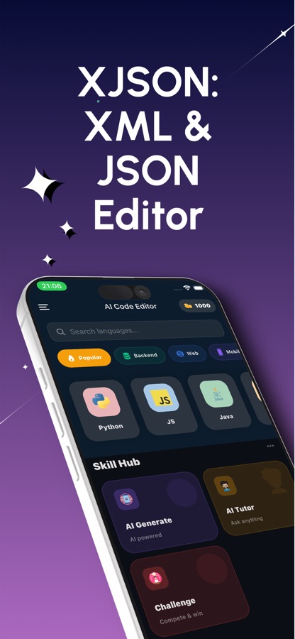 होम स्क्रीन के ऊपर XJSON: XML and JSON Editor पढ़ता हुआ स्टोर ग्राफ़िक, साथ में भाषाओं की सूची और Skill Hub