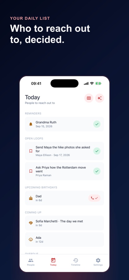 Der Heute-Bildschirm von Keep in Touch mit Erinnerungen, offenen Punkten, bevorstehenden Geburtstagen und anstehenden Terminen