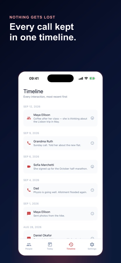 Die Keep in Touch-Timeline mit Anrufen, Videochats und Nachrichten samt kurzen Notizen, die neuesten zuerst