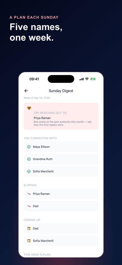 Die Keep in Touch-Sonntagsübersicht mit einer Person, bei der du dich melden solltest, deinen letzten Kontakten, Personen, zu denen der Kontakt nachlässt, und dem, was ansteht
