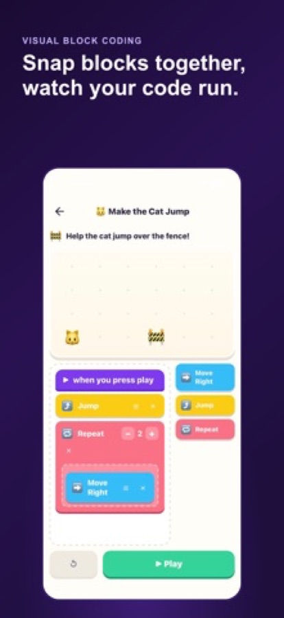 Niveau Make the Cat Jump avec une séquence « when you press play » composée de jump et d’un bloc repeat contenant move right