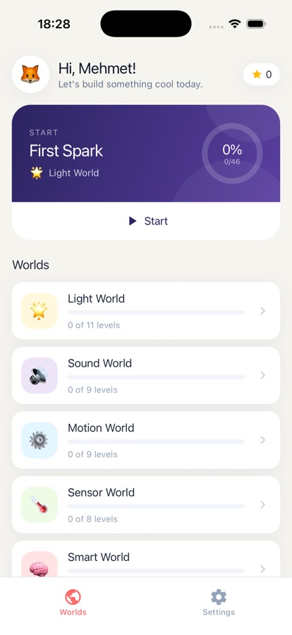 Kidstronic home screen showing the way into the worlds, daily puzzle and other modes