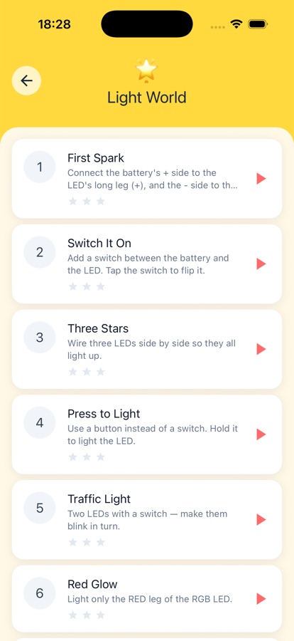 World and level selection screen showing Light, Sound, Motion, Sensor and Smart World with their levels